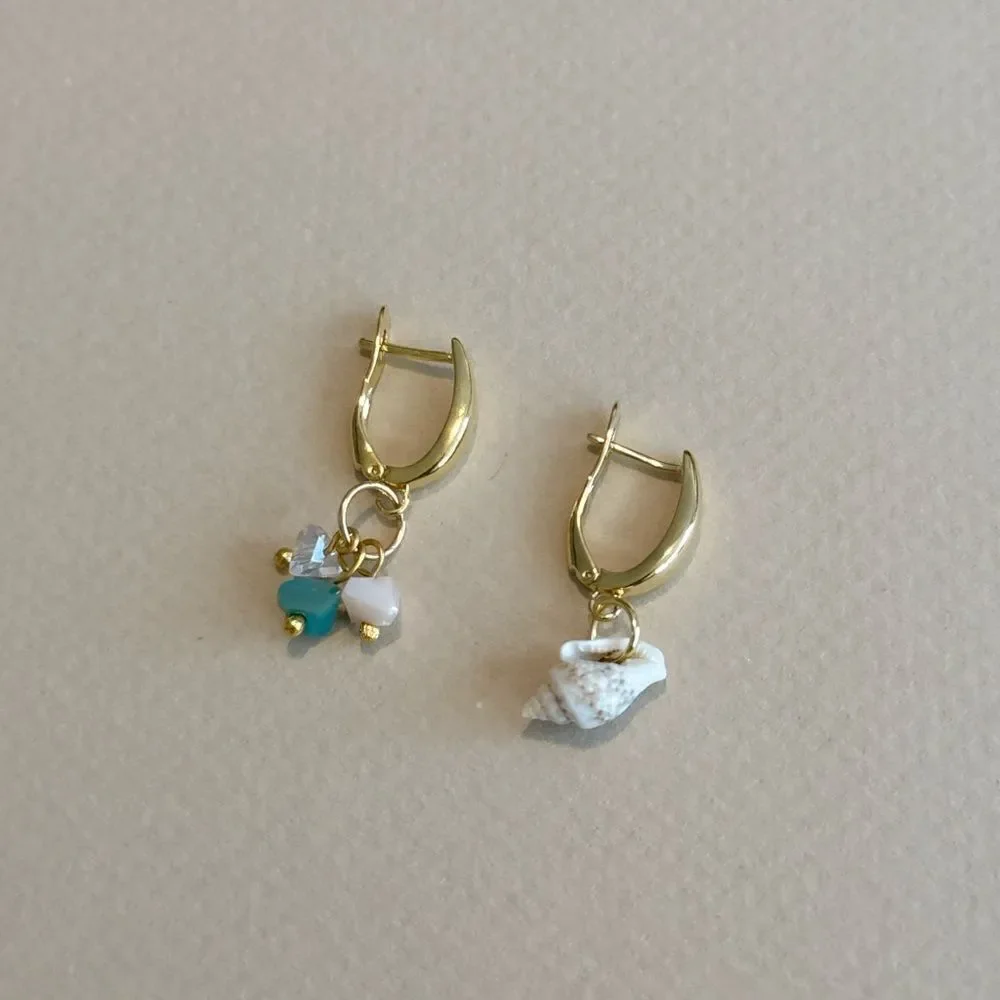 Anthropologie Gold Huggie Earrings with Shell, Turquoise and White Charms